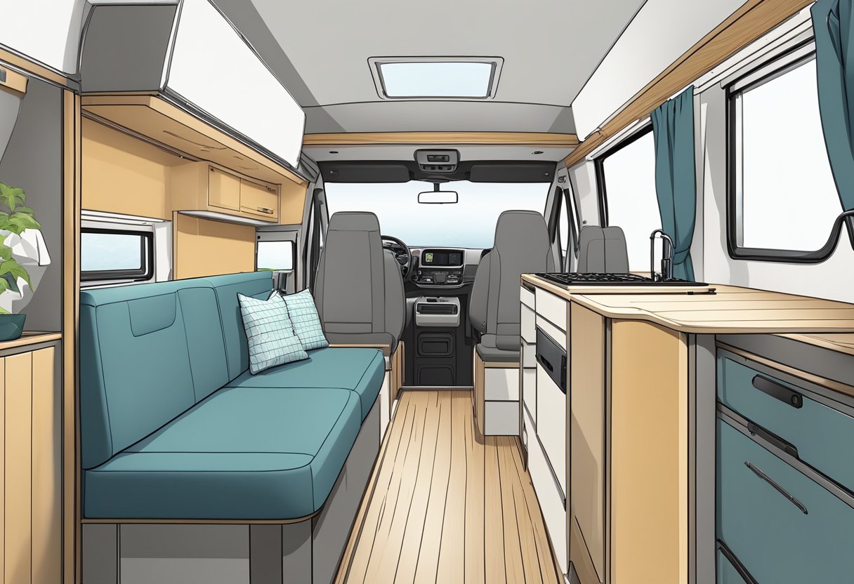 A camper van interior with versatile layouts for solo travelers, couples, and families, showcasing key features such as foldable beds, storage compartments, and a functional kitchen area