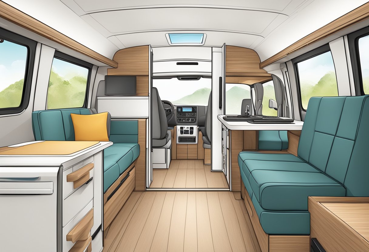 A camper van interior with organized storage, comfortable seating, and integrated technology for solo travelers, couples, and families