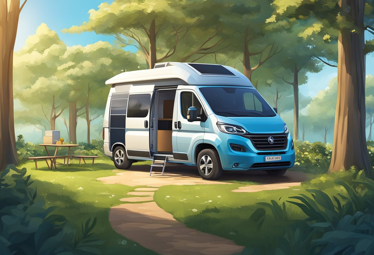 A modern camper van parked in a spacious outdoor setting, surrounded by lush greenery and under a clear blue sky. The van is equipped with solar panels and other sustainable features