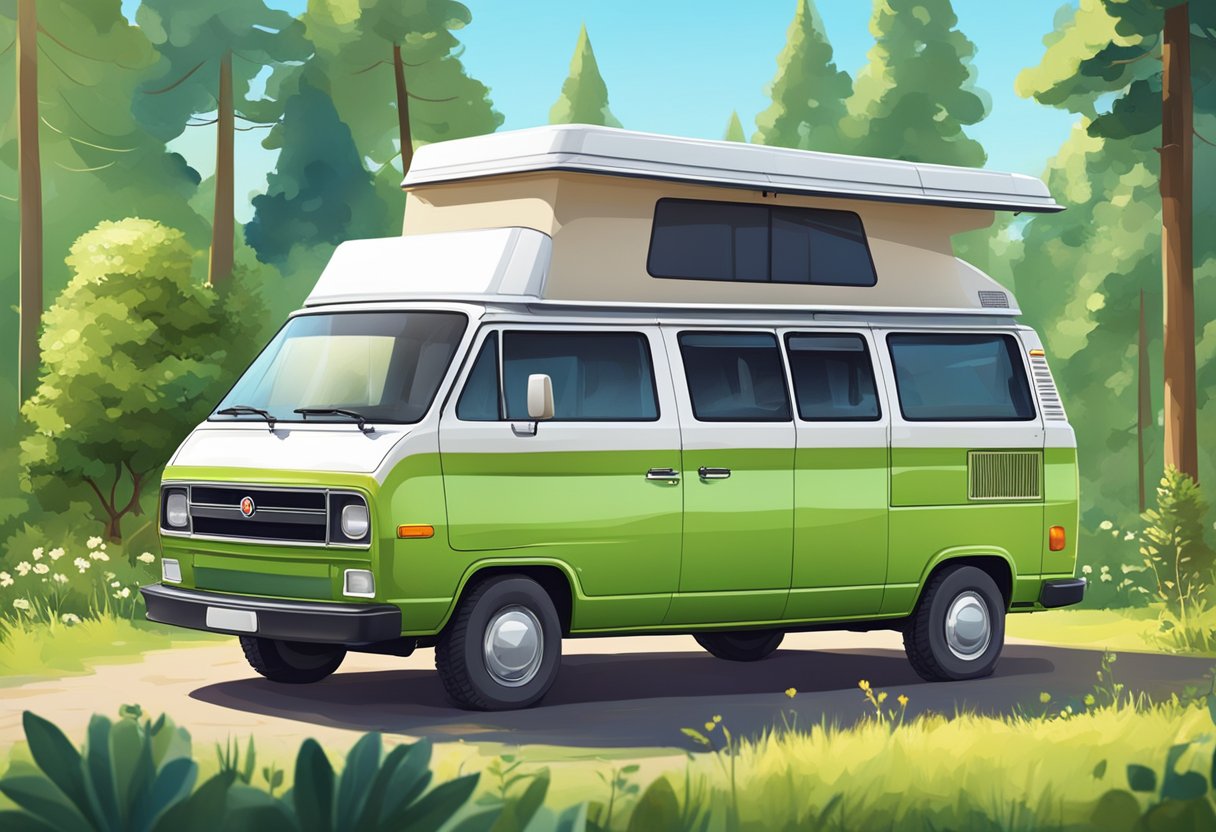 A modern camper van parked at a campsite, surrounded by lush greenery and a clear blue sky. The van is equipped with solar panels and outdoor furniture, giving off a sense of adventure and relaxation