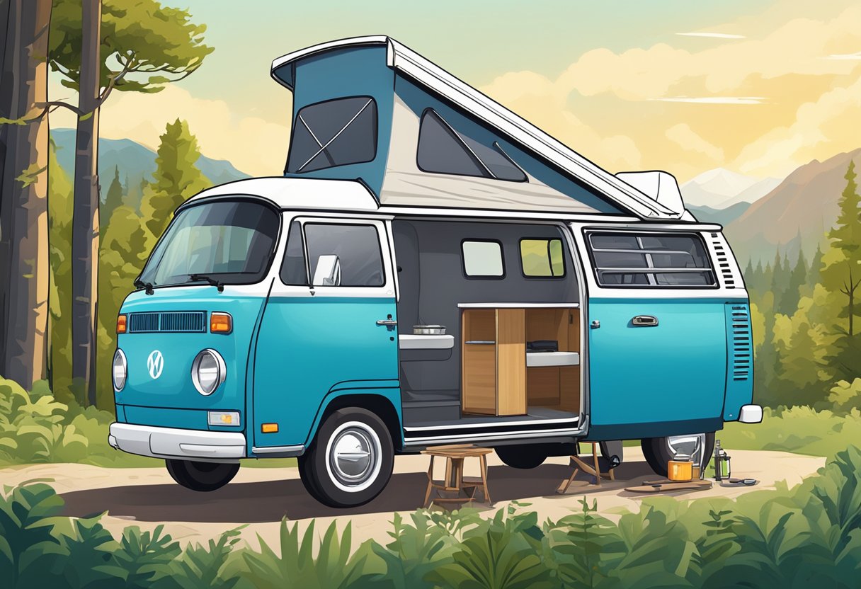 A camper van parked in a scenic campground, surrounded by lush greenery and a clear blue sky. The RVIA certification sticker is prominently displayed on the vehicle's exterior