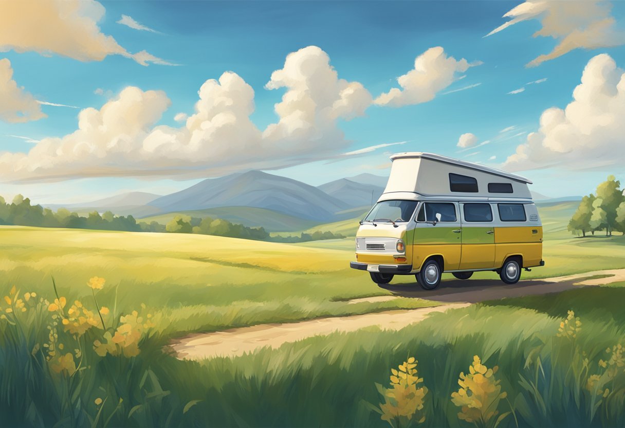 A camper van parked in a grassy field, with a blue sky and fluffy white clouds overhead. A sign with "RVIA Certified" displayed prominently on the side of the van